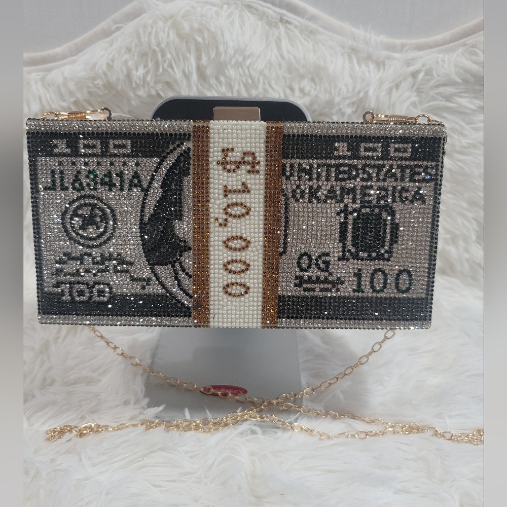 Dollar Rhinestone Clutch Purse, Cash Bundle Novelty Bag, VG Cond Bling Bling